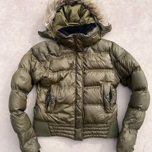 Marmot Olive Green Puffer Jacket with Faux Fur Hood